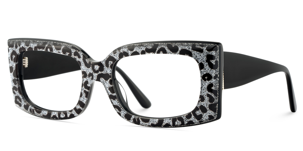 Black and white patterned eyeglasses on a white background