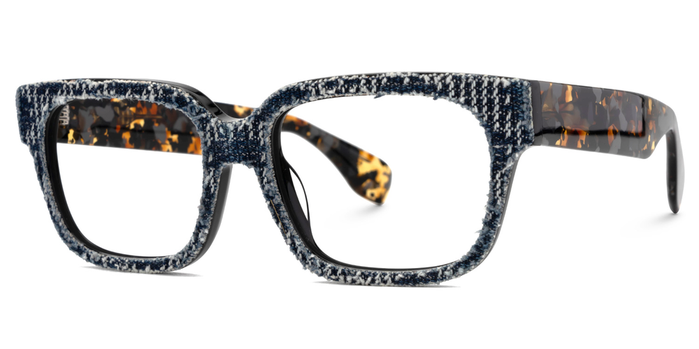 Eyeglasses with a blue and tortoiseshell frame on a white background