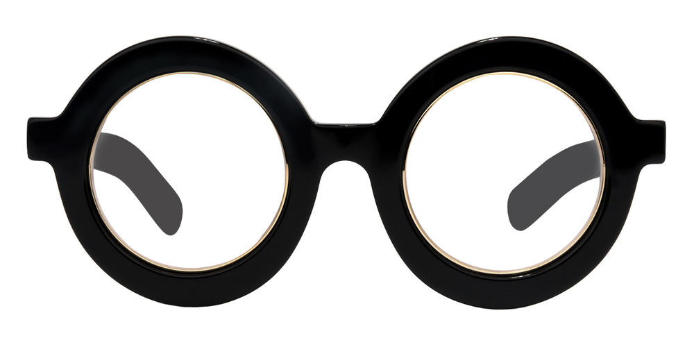 Black round eyeglasses with white lenses on a white background