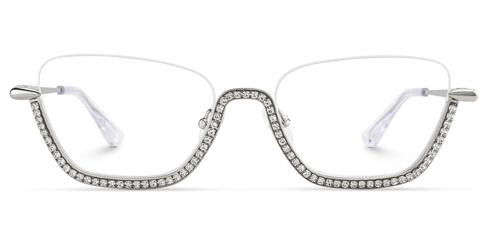 Cat-eye glasses with diamond-studded frame on a white background