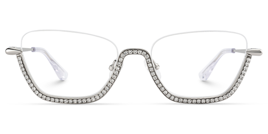 Cat-eye glasses with diamond-studded frame on a white background