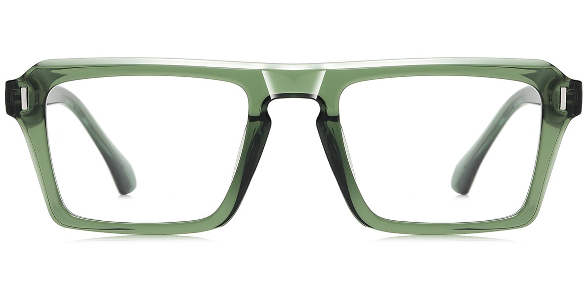 Green eyeglasses with black accents on a white background