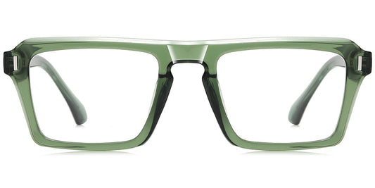 Green eyeglasses with black accents on a white background
