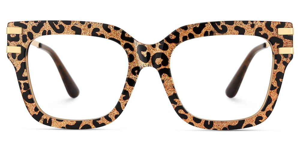 Cat-eye glasses with leopard print frame on a white background