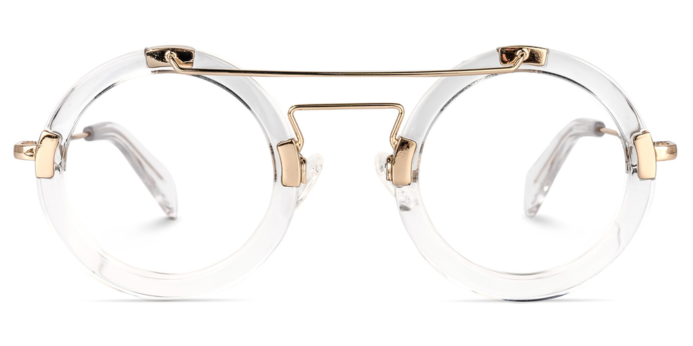 Clear eyeglasses with gold accents on a white background