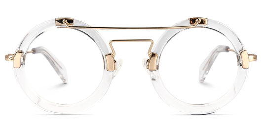 Clear eyeglasses with gold accents on a white background