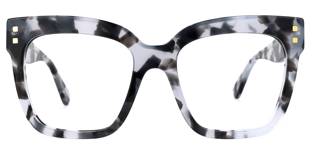 Cat-eye glasses with a gray and black tortoiseshell pattern on a white background