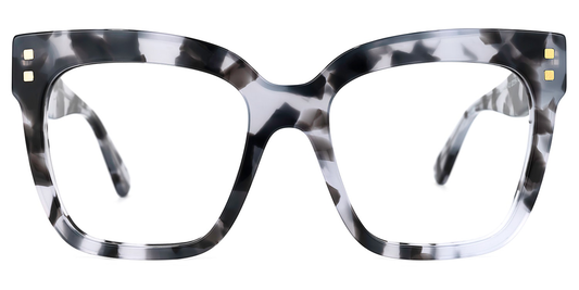 Cat-eye glasses with a gray and black tortoiseshell pattern on a white background