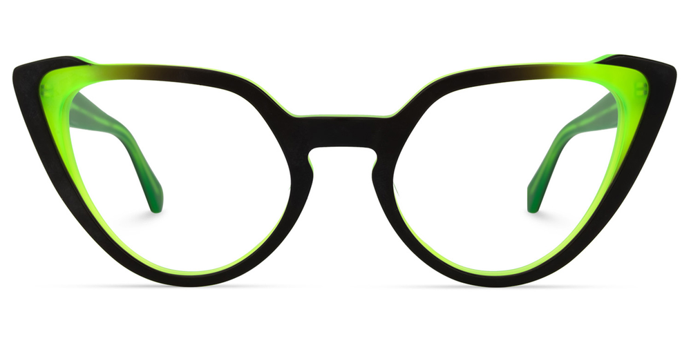 Cat-eye glasses with black and green frame on a white background