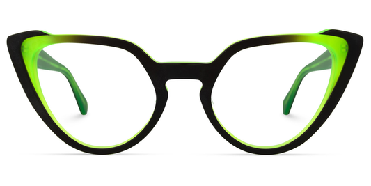 Cat-eye glasses with black and green frame on a white background