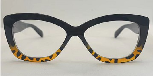 Cat-eye glasses with black and yellow leopard print frame on a white background