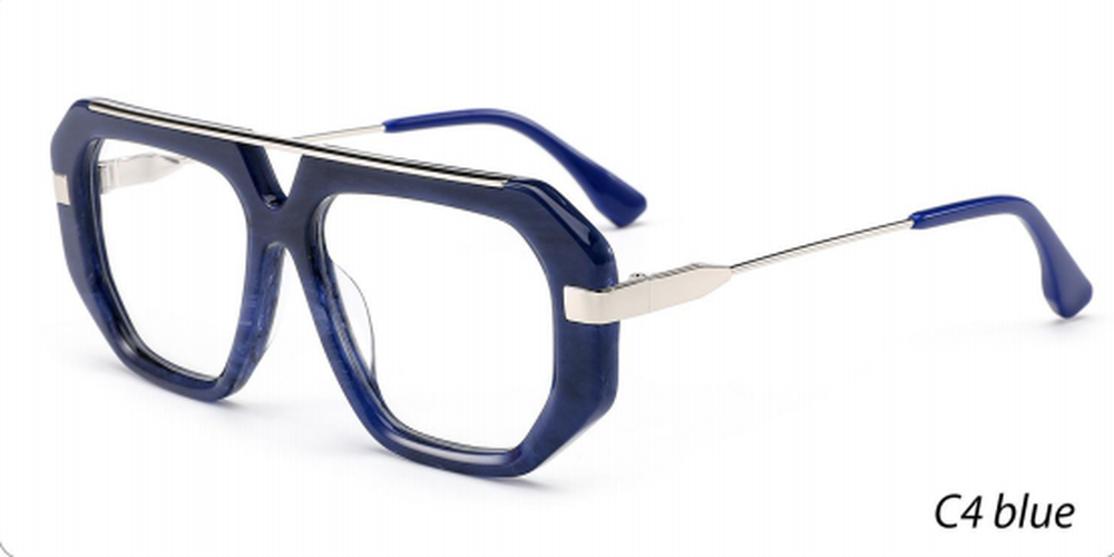 Blue eyeglasses with silver accents on a white background