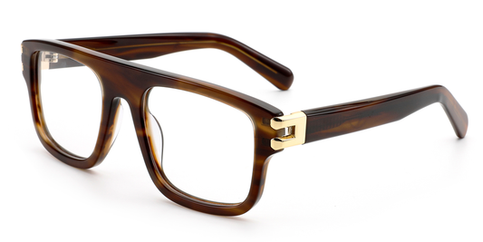 Brown eyeglasses with gold accents on a white background