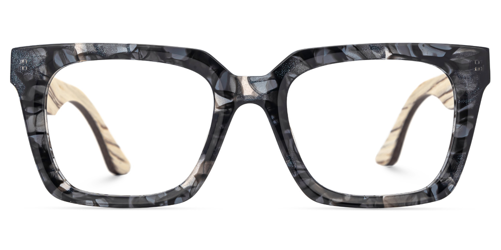 Pair of eyeglasses with a black and gray frame on a white background