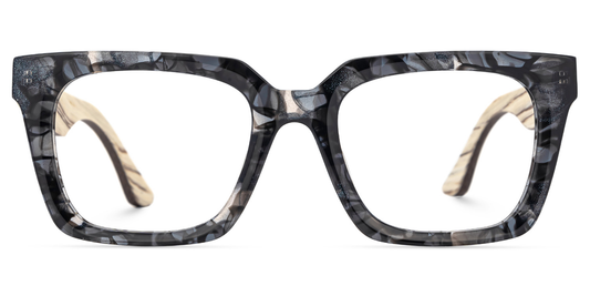 Pair of eyeglasses with a black and gray frame on a white background