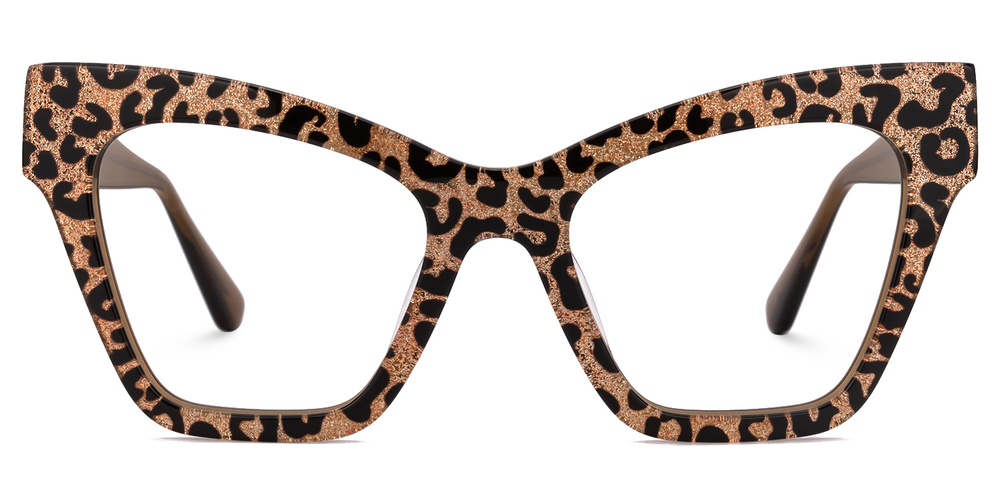 Cat-eye glasses with leopard print frame on a white background