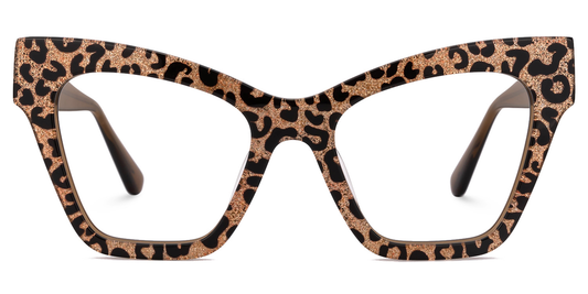 Cat-eye glasses with leopard print frame on a white background