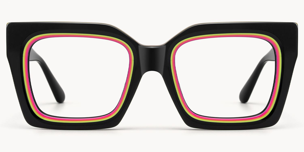 Black eyeglasses with colorful stripes on a white background