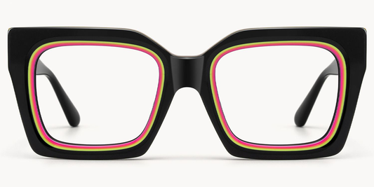 Black eyeglasses with colorful stripes on a white background