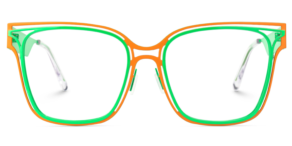 Colorful eyeglasses with orange and green frame on a white background