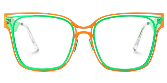 Colorful eyeglasses with orange and green frame on a white background