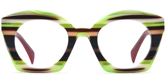 Green and brown striped glasses on a white background