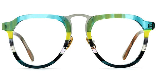 Multicolored eyeglasses on a white background