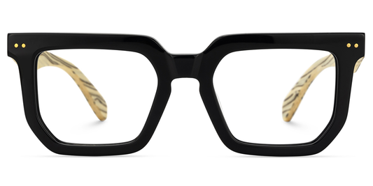 Black square-framed glasses with gold accents on a white background
