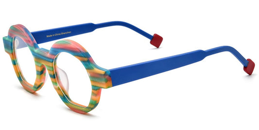 Colorful eyeglasses with a blue frame on a white background