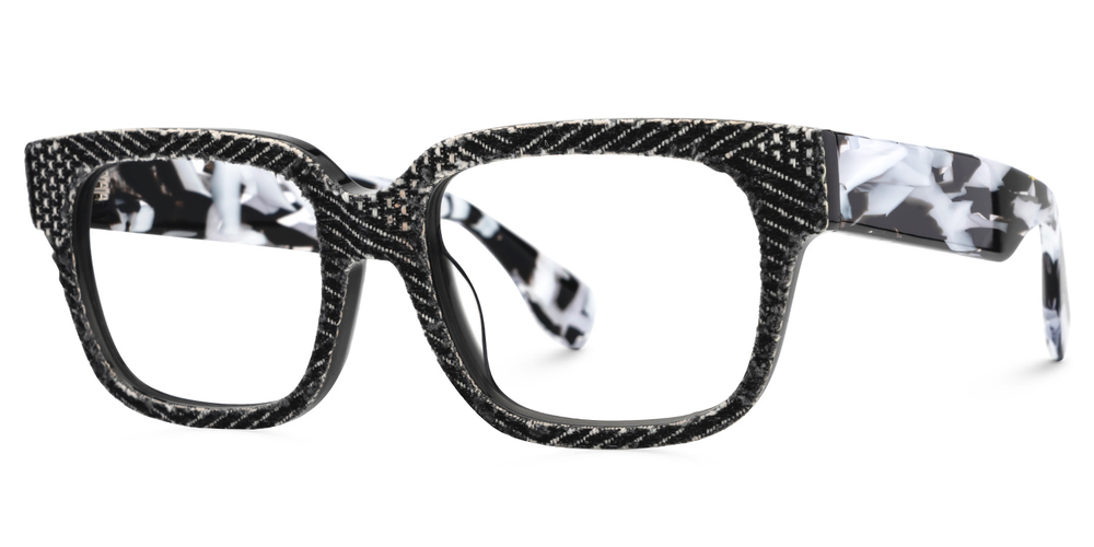 Black and white checkered eyeglasses on a white background