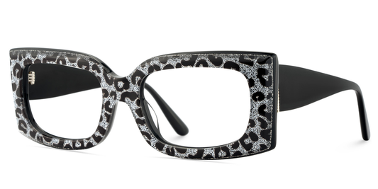 Black and white patterned eyeglasses on a white background