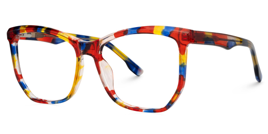 Multicolored eyeglass frames on a white background