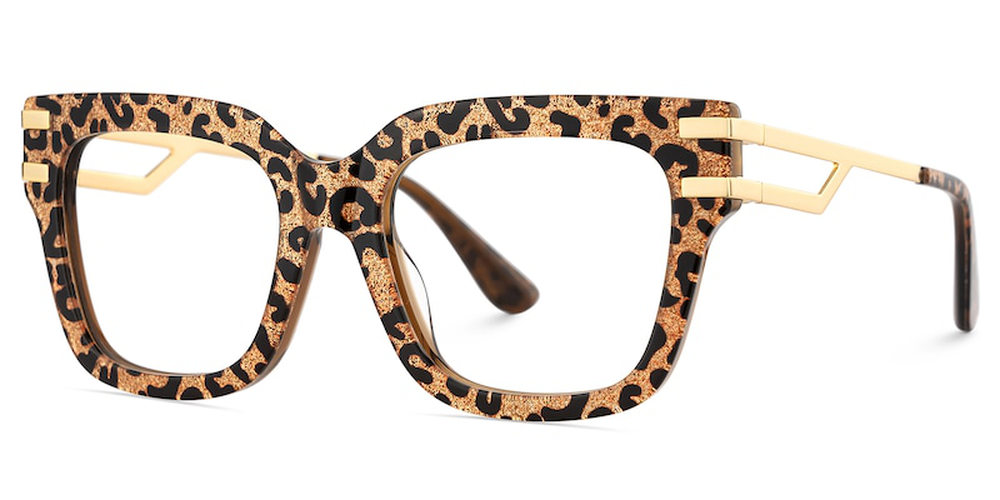 Leopard print eyeglasses with gold accents on a white background