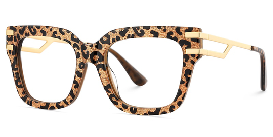 Leopard print eyeglasses with gold accents on a white background