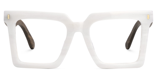 White eyeglasses with brown accents on a white background