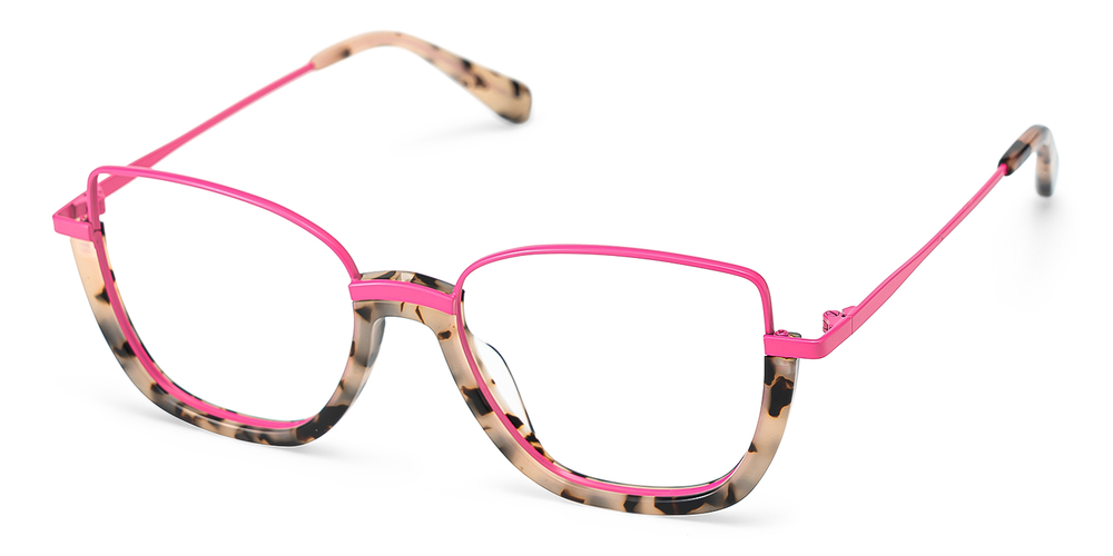 Pink and tortoiseshell cat-eye glasses on a white background
