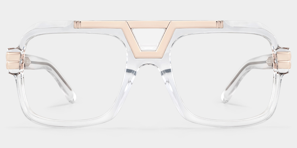 Clear eyeglasses with a rose gold frame on a light gray background