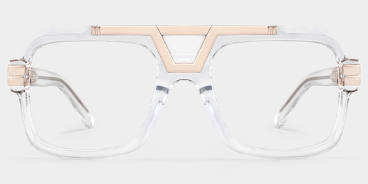 Clear eyeglasses with a rose gold frame on a light gray background