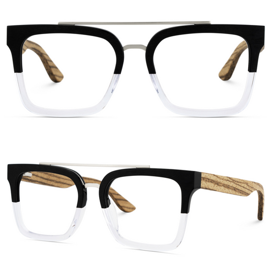Eyeglasses with black and wood frame design on a white background
