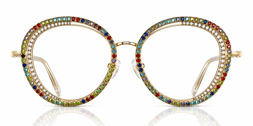 Decorative eyeglasses with colorful gemstones on a white background