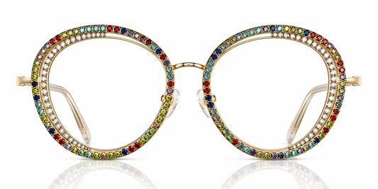 Decorative eyeglasses with colorful gemstones on a white background